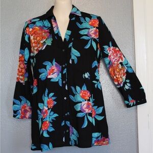 Maeve Anthropologie Black Tropical Floral Button Up Top 0